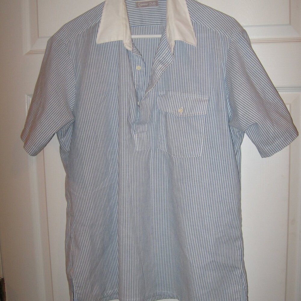 Career Club by Cambridge Hall Blue Striped Oxford w/ White Collar Large